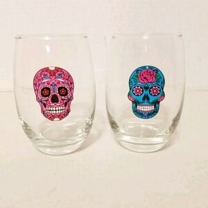Vibrant Sugar Skull Stemless Wine Glass Set